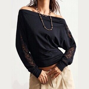 Black Off Shoulder Top with Lace Sleeve Inserts